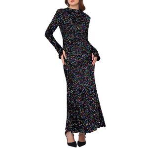 Women's Sequin Maxi Dress Velvet Long Sleeve Cocktail Bodycon Dress Black